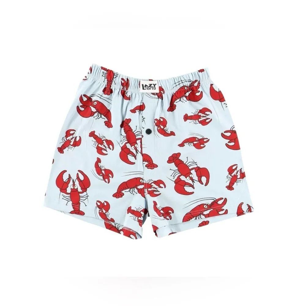 Lazy One Light Blue Red Lobster Print Elastic Waist Unisex Boxer Shorts NEW